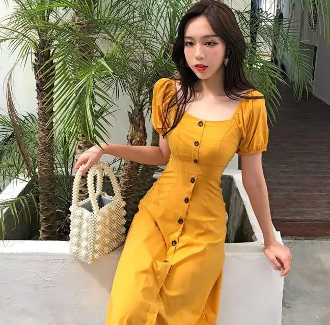 

Spring & Summer Women Square Collar Waistband Single-breasted Slim Holiday Dress Ladies Casual Middle Dress G278