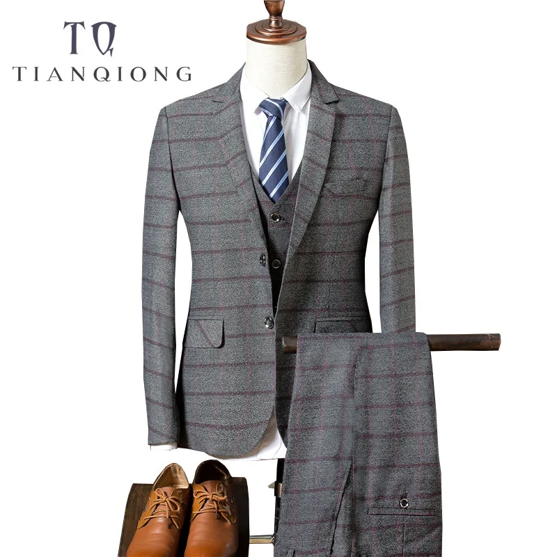 

TIAN QIONG(Jacket+Pants+Vest)Suit Men 2018 Brand Slim Fit Mens Plaid Suits British Style 3 Piece Groom Wedding Suit Gray M-3XL