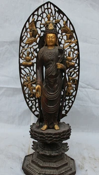 

USPS to USA S1796 14" Folk China Chinese Bronze Gilt Lotus Kwan-Yin Guan Yin Buddha 7 God Statue