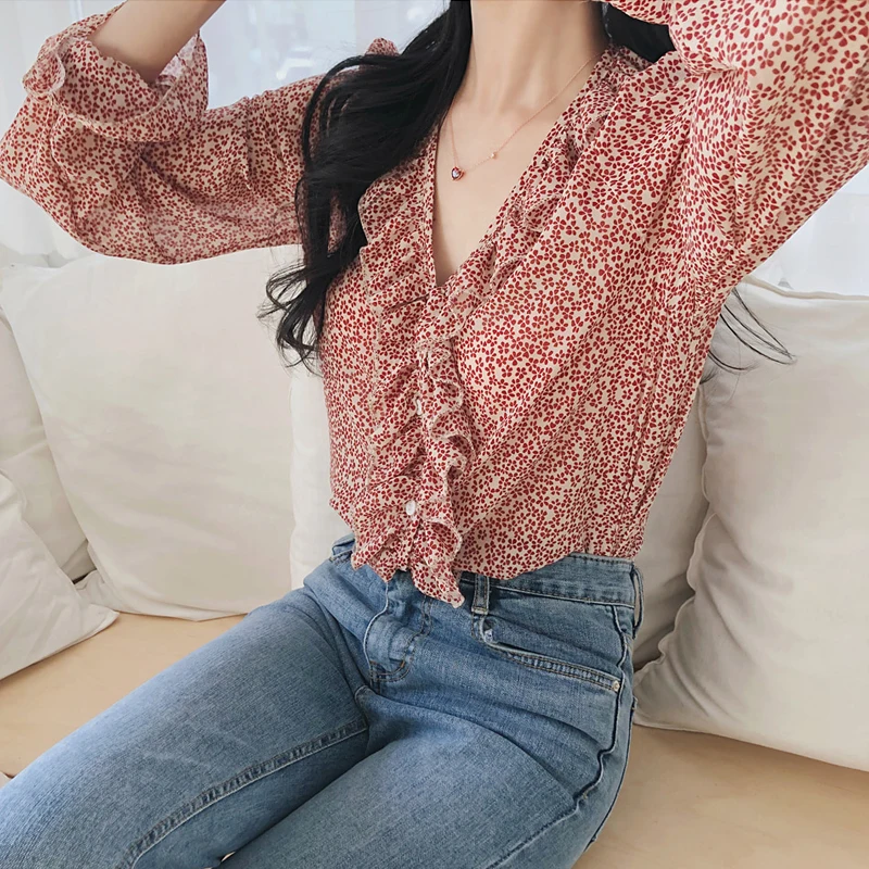 

Women's Blouses Kawaii Girl Ulzzang Floral V-neck Ruffled Blouse Lady Ulzzang Harajuku Ins Top For Women Lovely Retro Cute Tunic