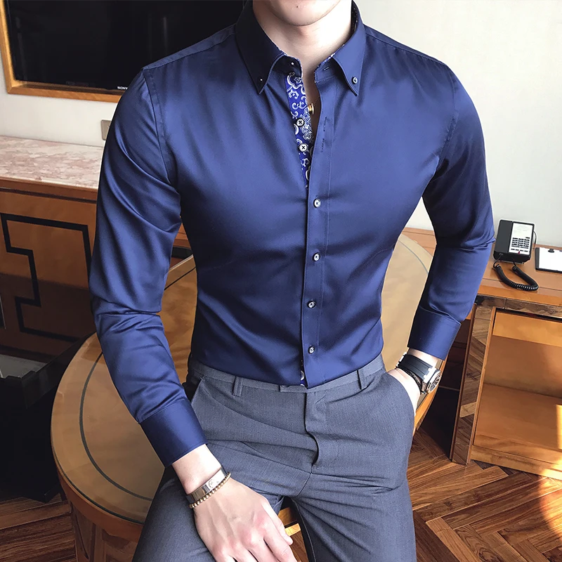 2017 Autumn Men Lapel Long Sleeves Social Slim fit Shirt Mens Formal