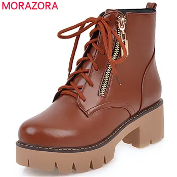 

MORAZORA Motorcycle boots fashion shoes woman in spring autumn high heels ankle boots for women PU zip solid big size 34-43