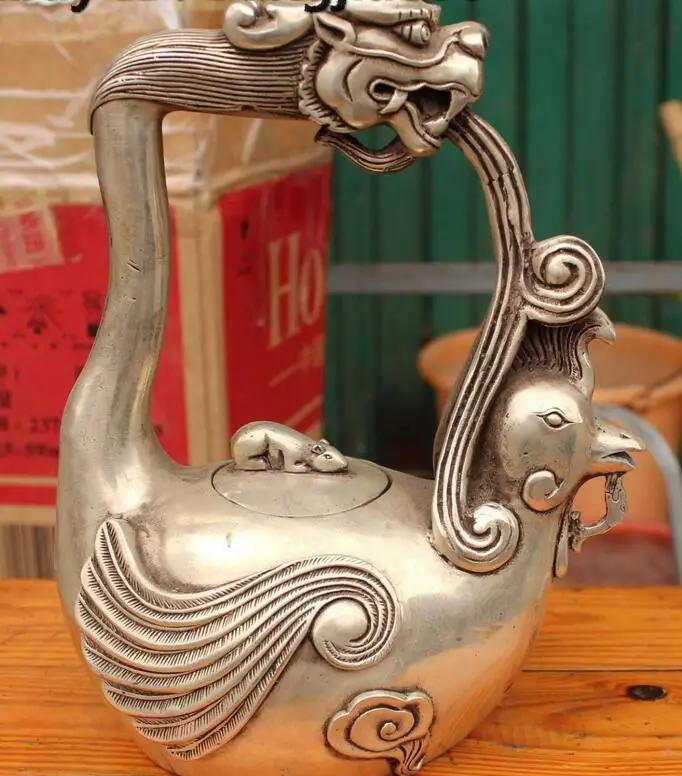 

6710569++10" Marked Chinese Silver Dragon Phoenix Mouse Kettle Wine Pot Flagon Statue