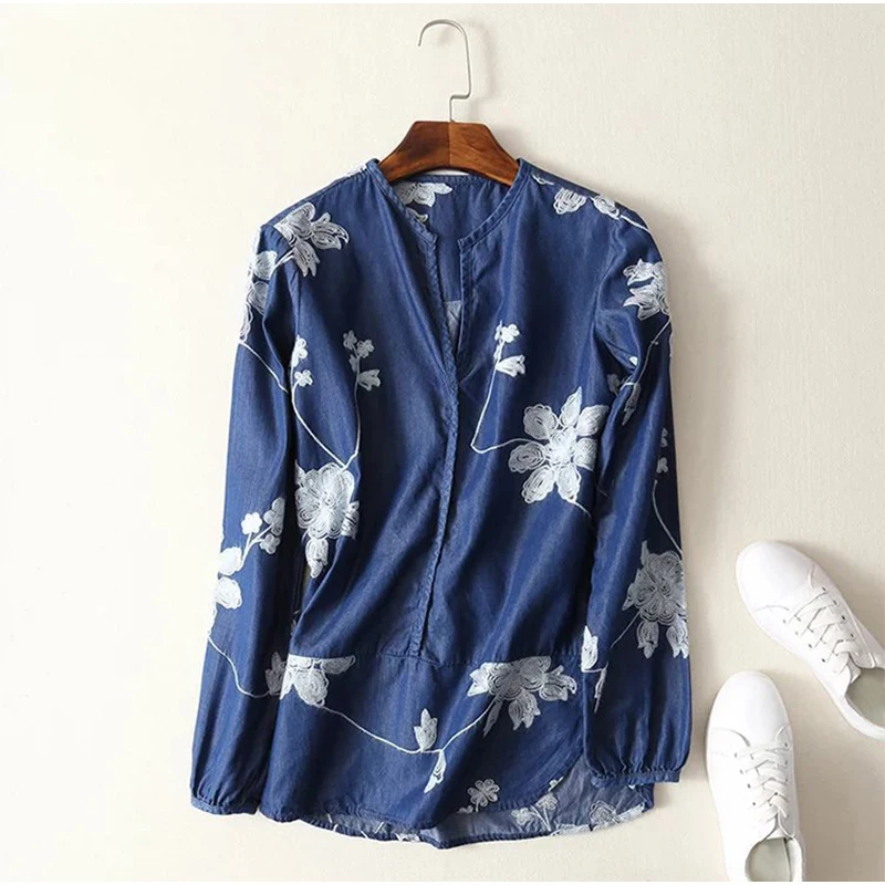 

Embroidery Denim Blouse Women Retro Casual V Neck Long Sleeve Denim Blue Shirts 2018 Fashion Spring Work Office Blouse