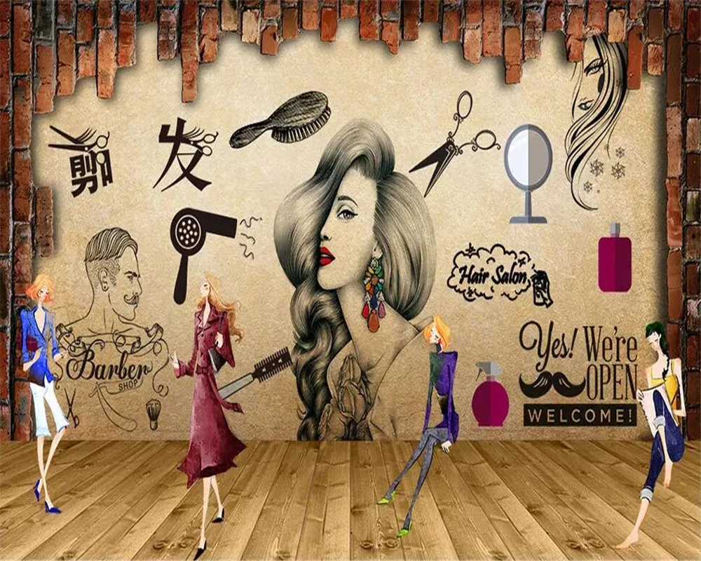 Beibehang Customized 3d wallpaper salon hair salon beauty salon background wall barber shop nostalgic retro makeup 3d wallpaper