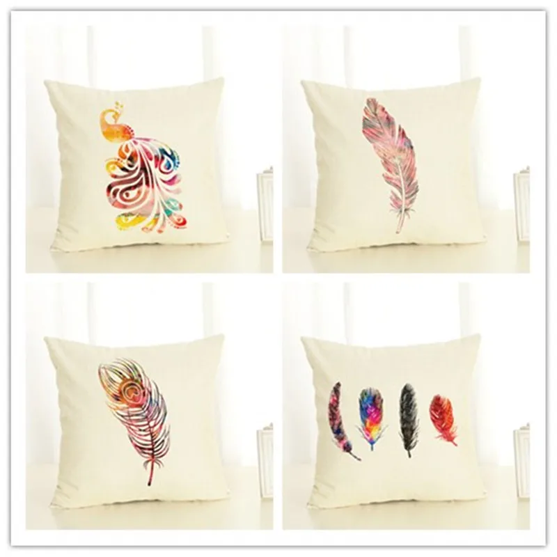 2017 Cotton Linen Creative Style Cushion Cover Colored Feathers Throw