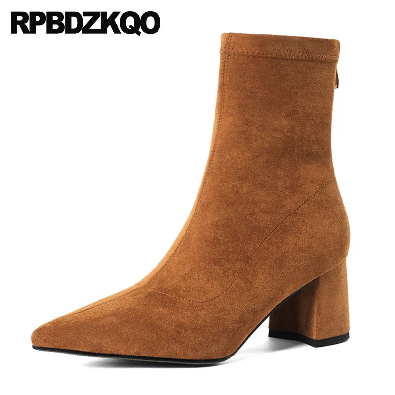 Zapatos Alto Mujeres Tacón Gamuza Cuero Botas De 2018 Oveja marrón Tobillo Del Estrecha Genuino Punta Gruesos amarillo Piel Caída Artesanal Marca Invierno Las Negro PXOvwq