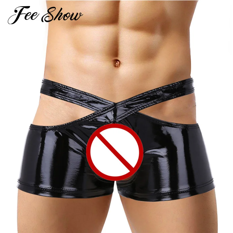 

Black Gay Mens Lingerie Low Rise Boxer Sissy Wetlook Faux Leather Open Crotch Boxer Underwear Two Symmetrical Halves Panties Set