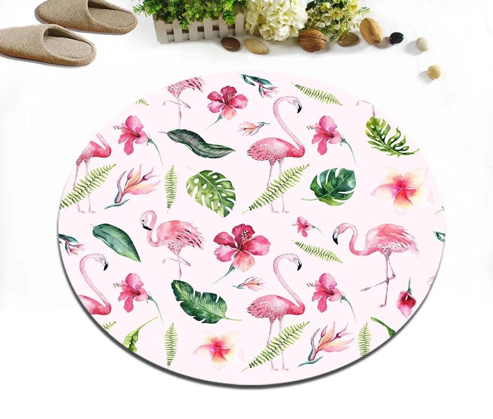 

Round Home Living Room Cushion Bedroom Floor Area Rugs Bathroom Non-Slip Carpet Door Mat Exotic Tropical Leaves And Red Flamingo
