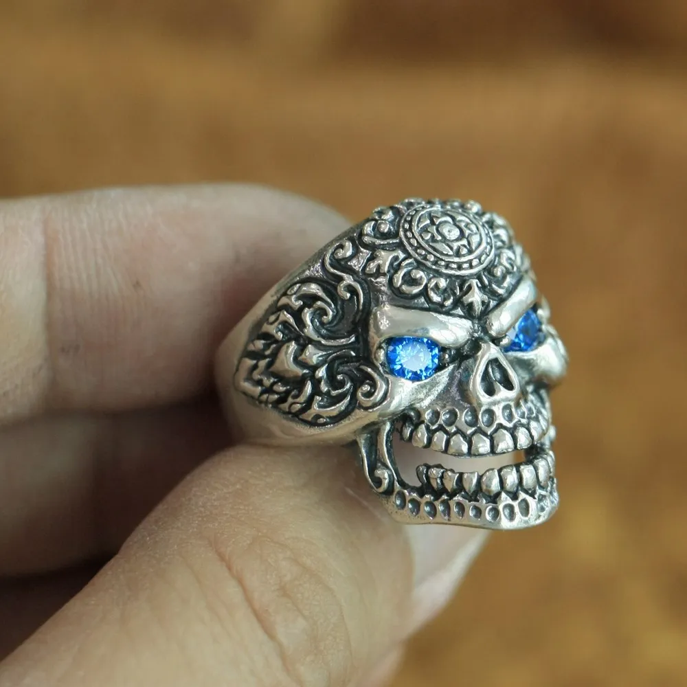 

925 Sterling Silver High Details Skull Ring CZ Eyes Mens Biker Rock Punk Ring TA126 US Size 7~15