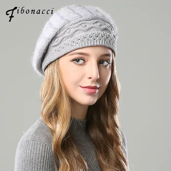 

Fibonacci 2019 New Brand Quality Female Beret Rabbit Hair Wool Knitting Cap Autumn Winter Hat Fashion Women Berets