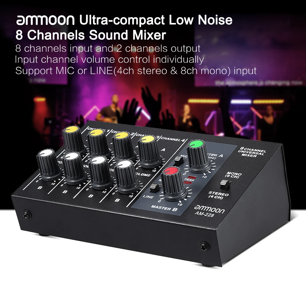 Ammoon AM-228 ультра-компактный микшерный пульт низкий уровень шума 8 каналов Металл Моно Стерео Аудио Звук микшер с адаптером питания кабель