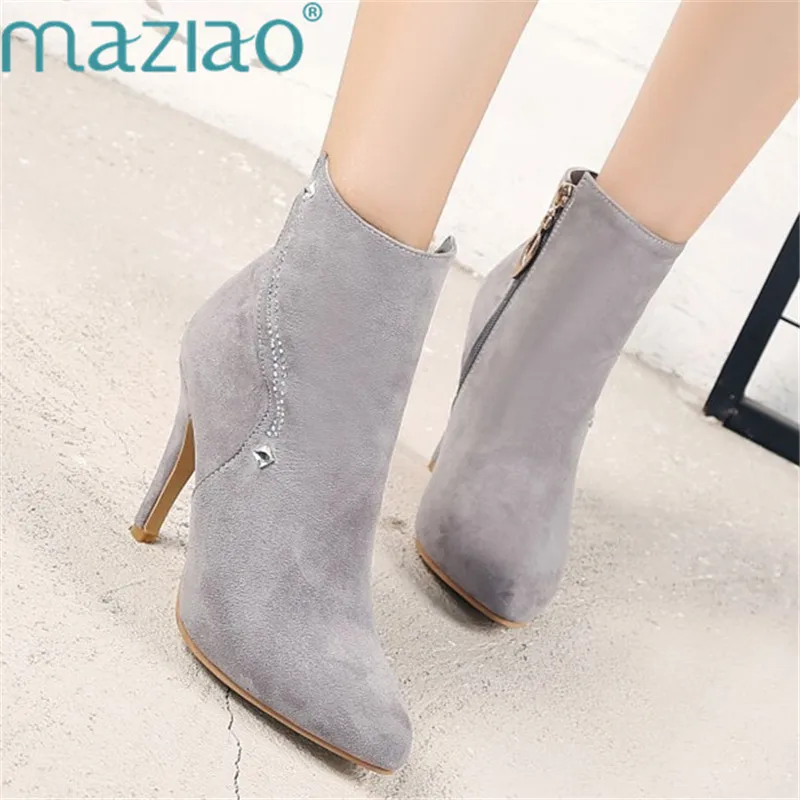 

New Fashion Women Boot Short Boot Ankle Boots Rhinestone Thin High Heels Pointed Toe Party Handmade Shoes MAZIAO
