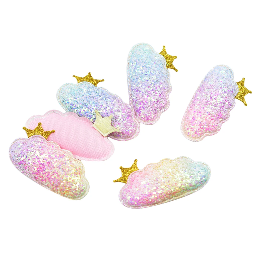 6pcs Rainbow Kawaii Padded Glitter Cloud Crown Patches Applique For Clothes Sewing DIY Baby Girl Hair Accessories Craft Decor