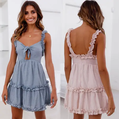 Party Beach Dresses Spaghetti Strap Sleeveless Ruffle Sundress Women