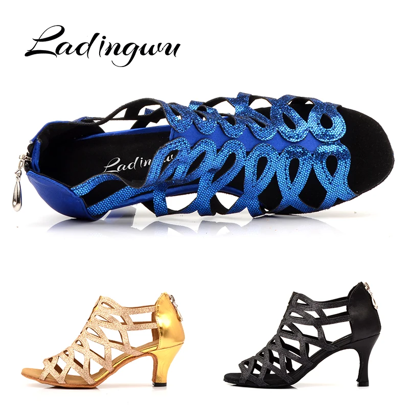 Ladingwu Woman Latin Dance Shoes Blue Glitter and Satin Sandals For Dance Shoes For Ballroom Dancing Heel For Women Salsa Shoes