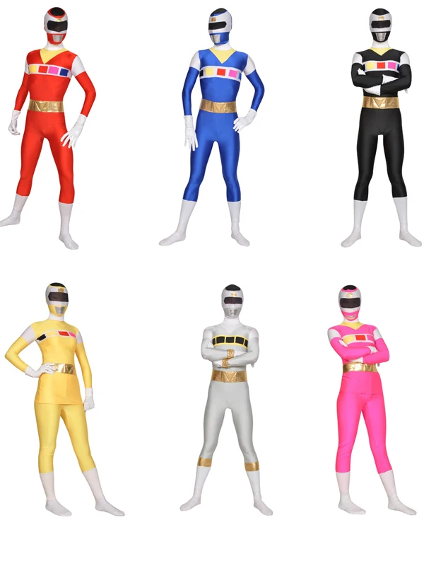 

Denji Sentai Megaranger Costumes Lycra Spandex Cosplay Zentai Halloween Rangers Red/Black/Blue/Pink/Yellow/Silver Ranger Suit