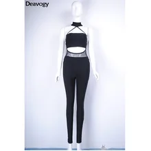 Deavogy Осень черный бежевый Холтер без рукавов Вырез Bodycon шикарный сексуальный комбинезон женский комбинезон Горячая Распродажа Прямая поставка