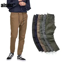 Aismz новые хлопковые повседневные мужские брюки со шнуровкой, брюки со средней талией, брюки для бега modis, эластичные штаны в стиле милитари
