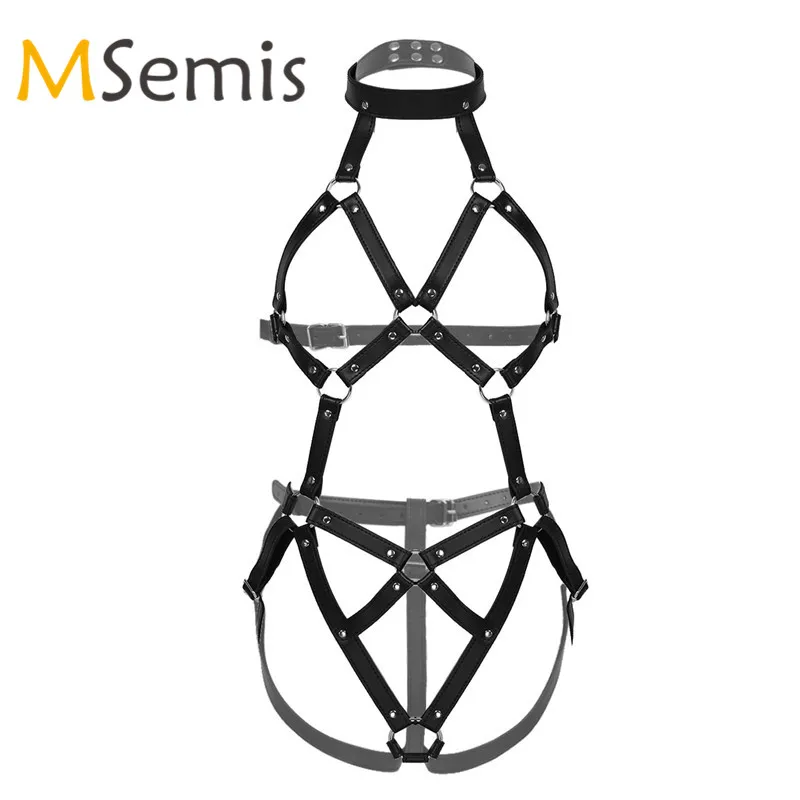 Sexy Women Harness Bodysuit PU Leather Halter Hollow Out Body Caged