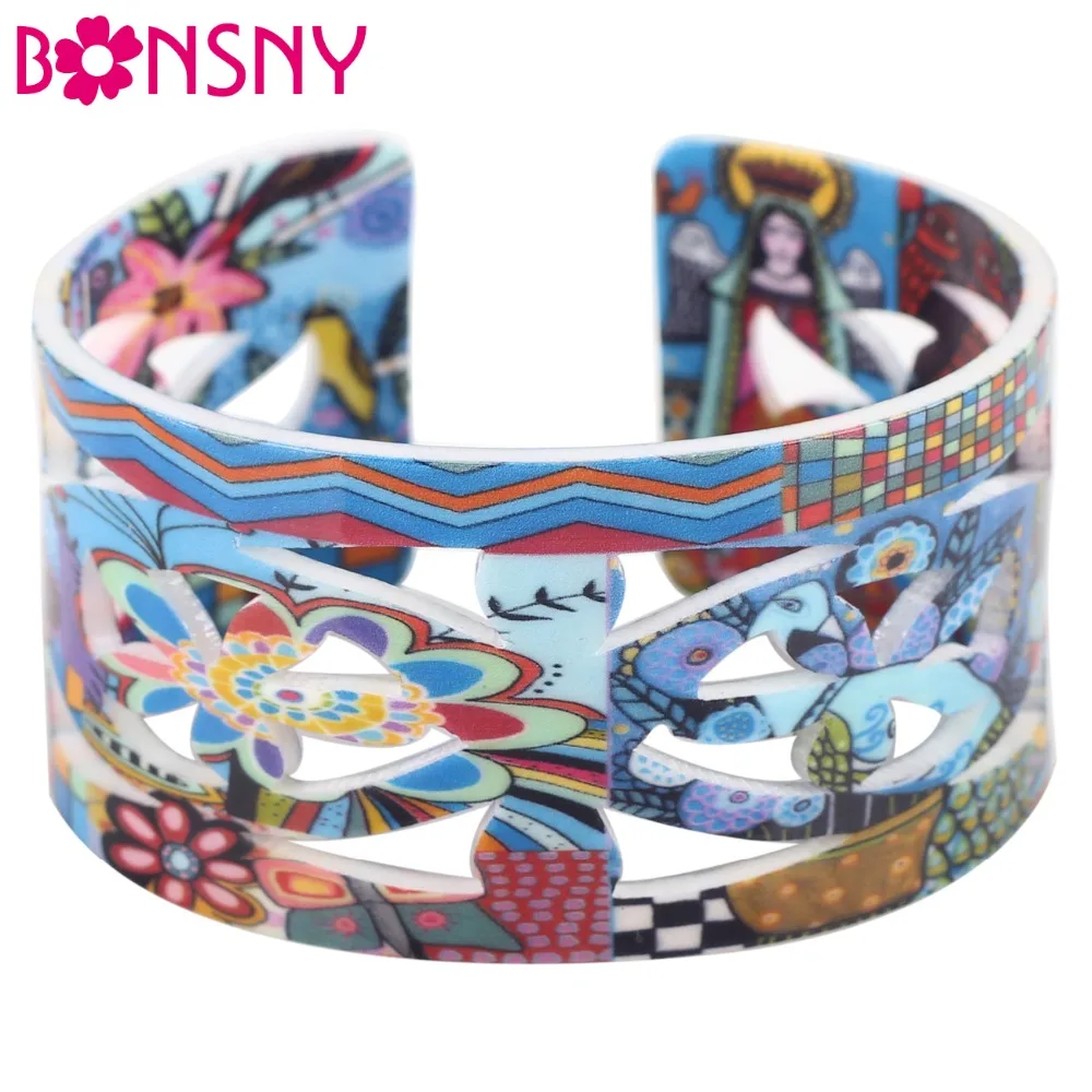 

Bonsny Acrylic Cute Colorful Pattern Bangle News 2017 Fashion Jewelry Women Girl Spring Summer Accessories Bracelets AB162