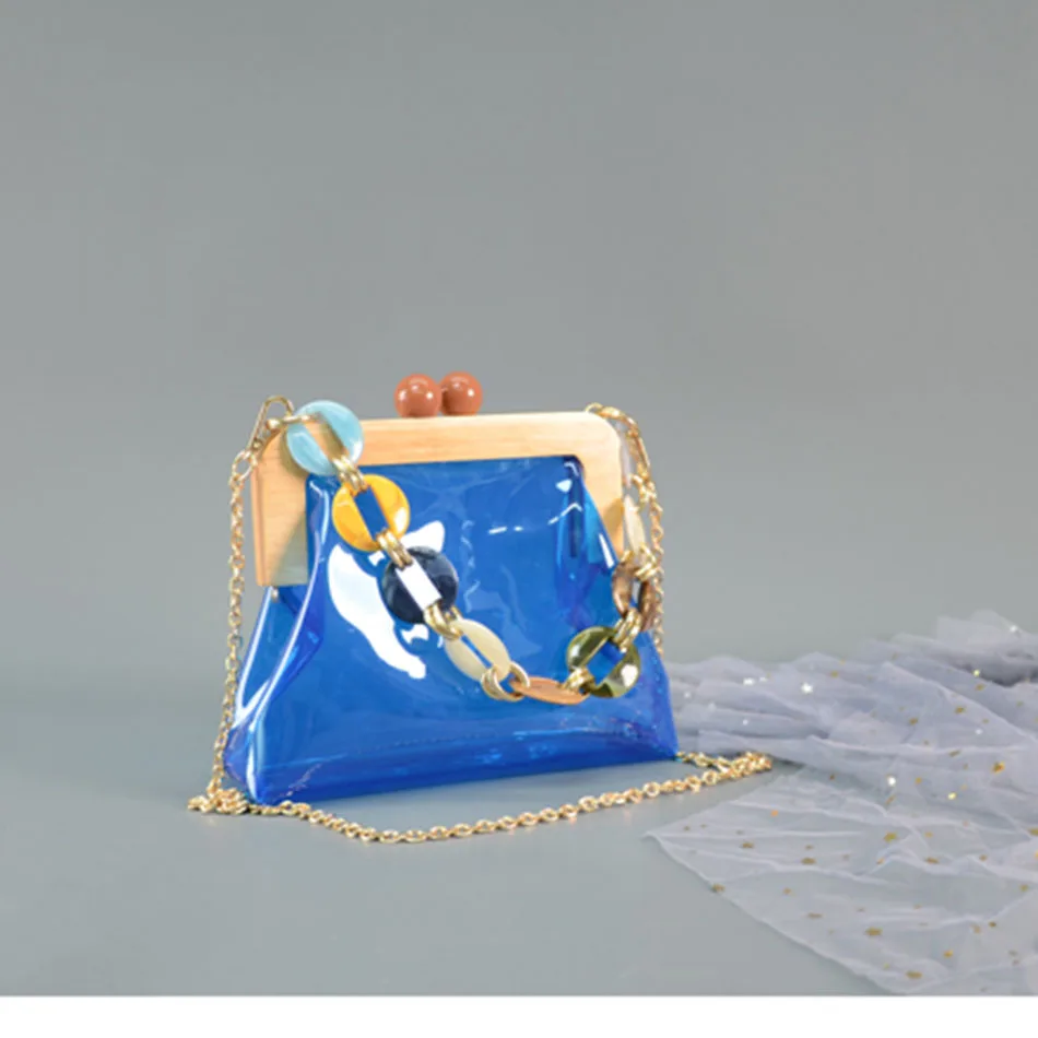 Солнечный пляж, прозрачная акриловая роскошная сумка, Женская деревянная Сумочка, клатч, женская ПВХ сумка, прозрачная маленькая сумка-тоут с цепочкой, сумочка - Цвет: Синий