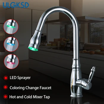 

ULGKSD LED Kitchen Mixing Faucet Pull Out Sprayer Three Choices Hot and Cold Water Mixer Tap Single Handle Para Kitchen Sink