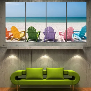 

4 Panel Canvas Art Print Beach Deck Chair Modern Seascape Oil Painting Poster Wall Picture Modular Painting for Home Decoration