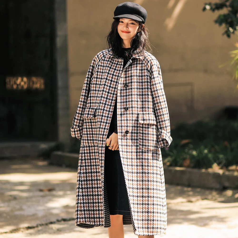 

IRINAW931 2018 AW Collection loose long houndstooth plaid double faced wool coat women