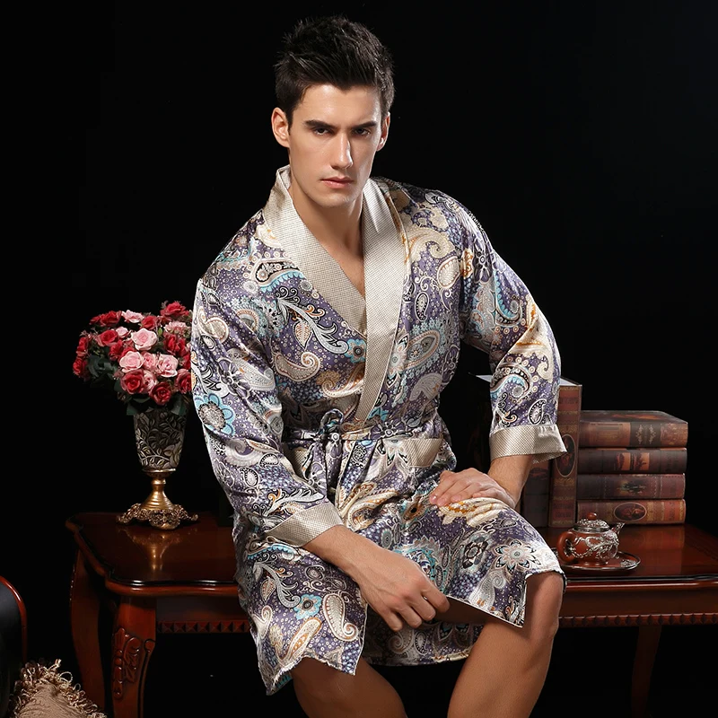 Мужской шелковый халат с длинными рукавами, одежда для сна высокого качества, шелк, мужские купальные халаты с принтом, кимоно, домашняя одежда, большой код