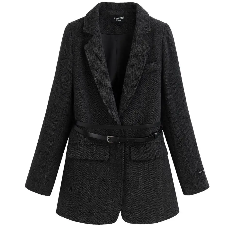 Woolen Blazer Women Notched Coat Lady slim Long Sleeves OL Style wool small suit | Женская одежда