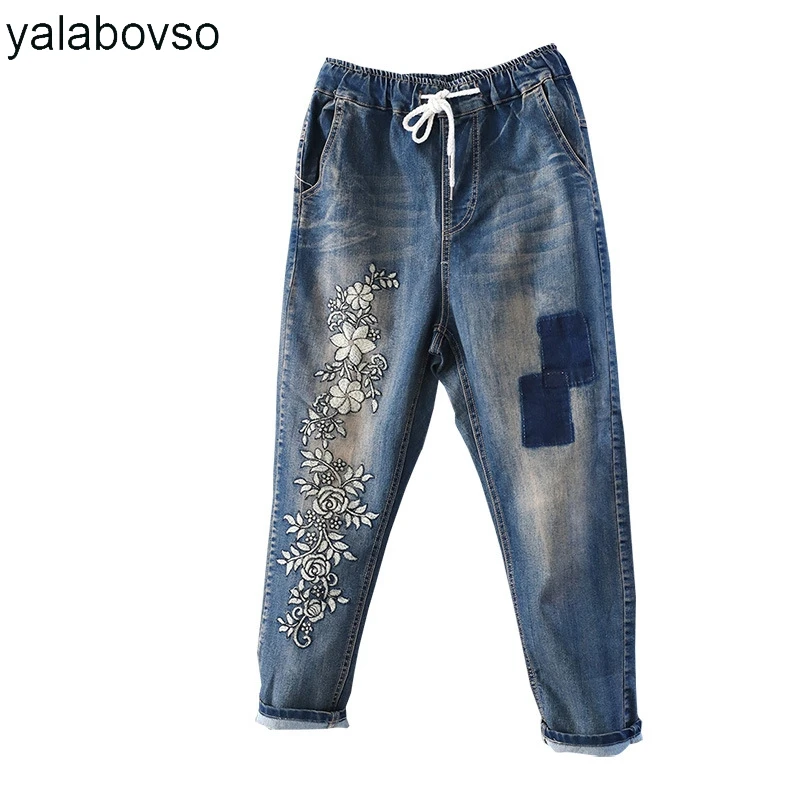 

Drawstring Hole Trousers Embroidery Retro Jeans Ankle-lenght Pants Harem Pants Vintage Loose Washed Jeans YalabovsoA74-YG1561Z30