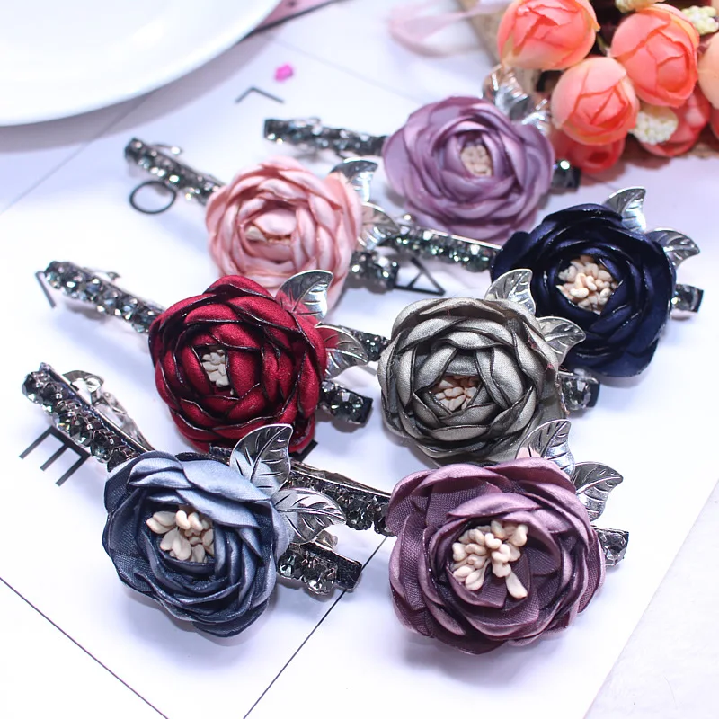 

New Korean Sweet Cloth Flower Hairpin Crystal Spring Clip Ponytail Top Clips Hair Clips for Women Girls Headwear Accessories