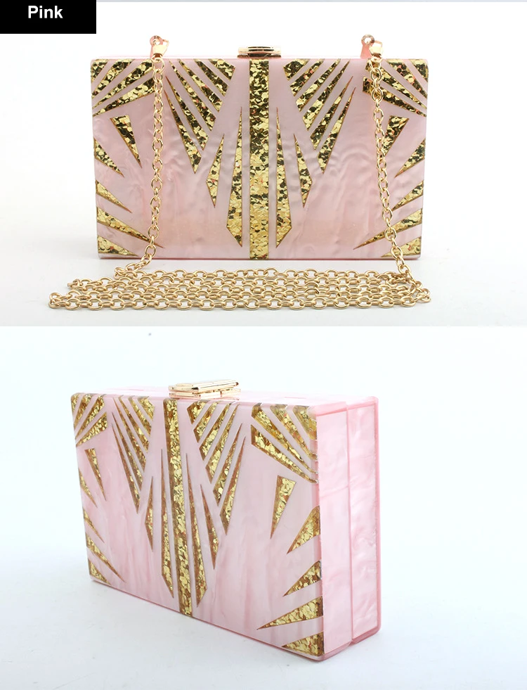 Luxy Moon Pink Acrylic Box Glitter Clutch Purse Front and Side View