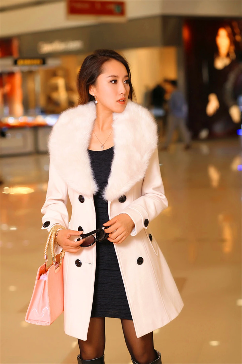 Женское элегантное шерстяное пальто с большим меховым воротником приталенная теплая шерстяная куртка с длинным рукавом женское винтажное пальто размера плюс розового цвета