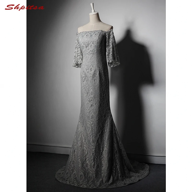 Silver Grey Lace Mermaid Moeder van de Bruid Jurken voor Bruiloften Off Schouder Avondjurken Formele Godmother Bruidegom Lange Jurken Silver Grey Lace Mermaid Moeder van de Bruid Jurken voor Bruiloften Off Schouder Avondjurken Formele Godmother Bruidegom Lange Jurken
