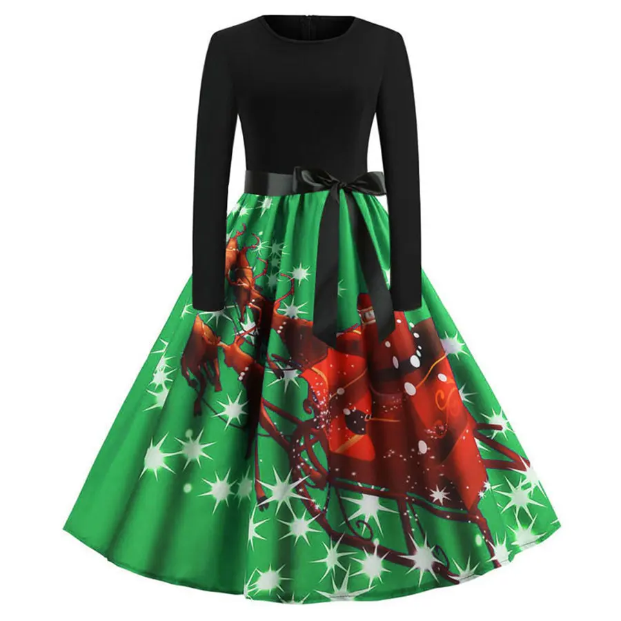 Gladiolus Christmas Print Summer Women Dress Belt Tunic Long Sleeve O-Neck 50s 60s Vintage Dress 2019 Party Ladies Dresses 2XL (17)