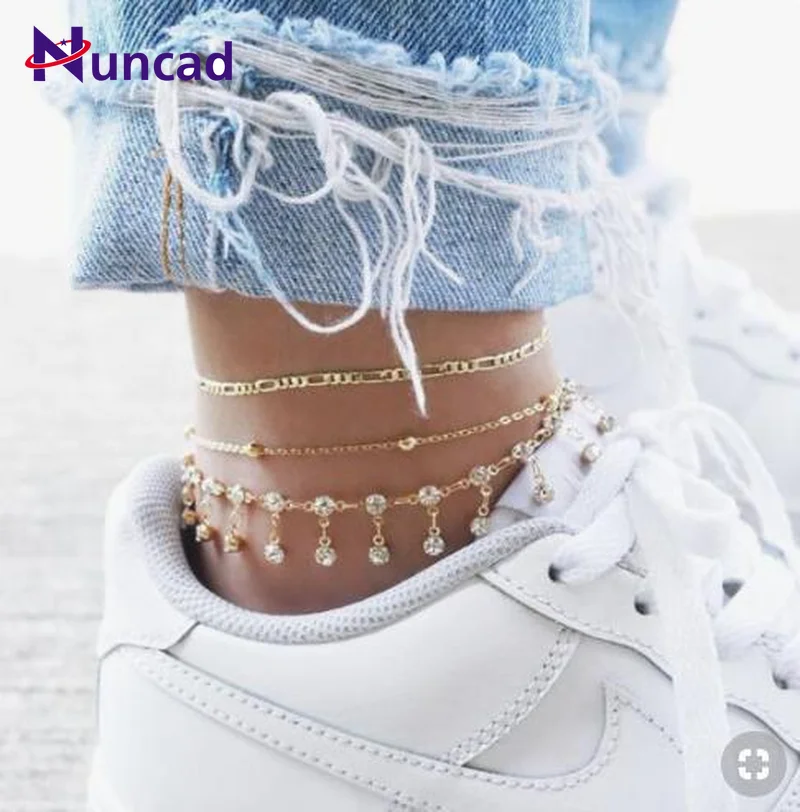 

2019 New Jewelry Fashion Simple Crystal Tassel Round Pendant 3 Layer Alloy Party Play Anklets