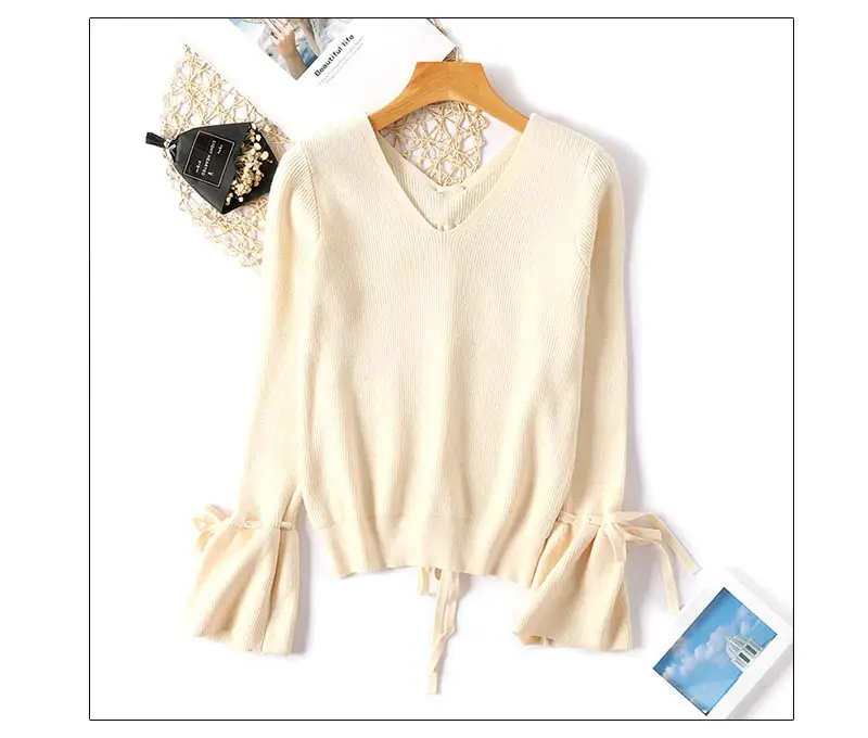 V Neck Sweater Women Knitted Pullover Winter 2018 Lace-up Top Casual Woman Flare Long Sleeve Ladies Sweaters and Pullovers Solid (3)