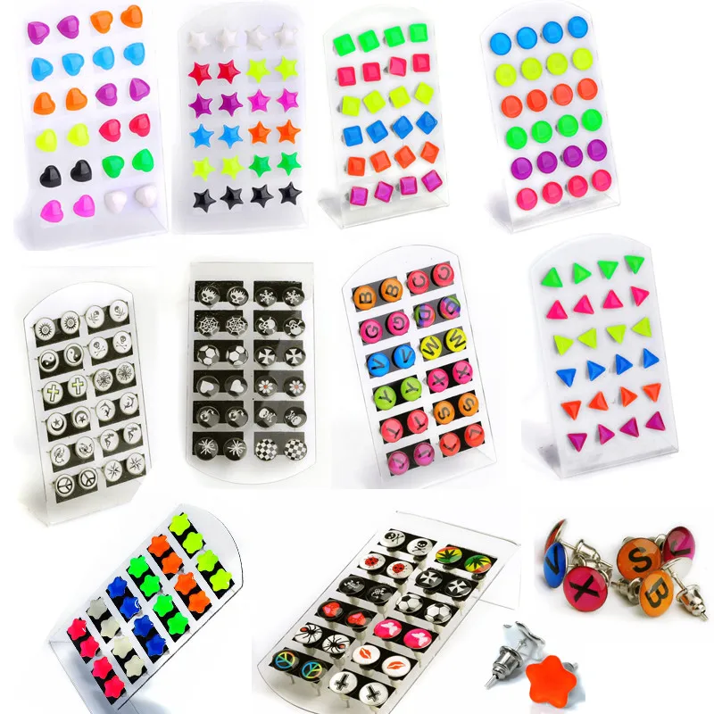 

PINKSEE Mixed 12Pairs/Lot Star Heart Luminous Stud Earrings Women Girls Men Punk Chic Silver Color Ear Studs Jewelry Wholesale