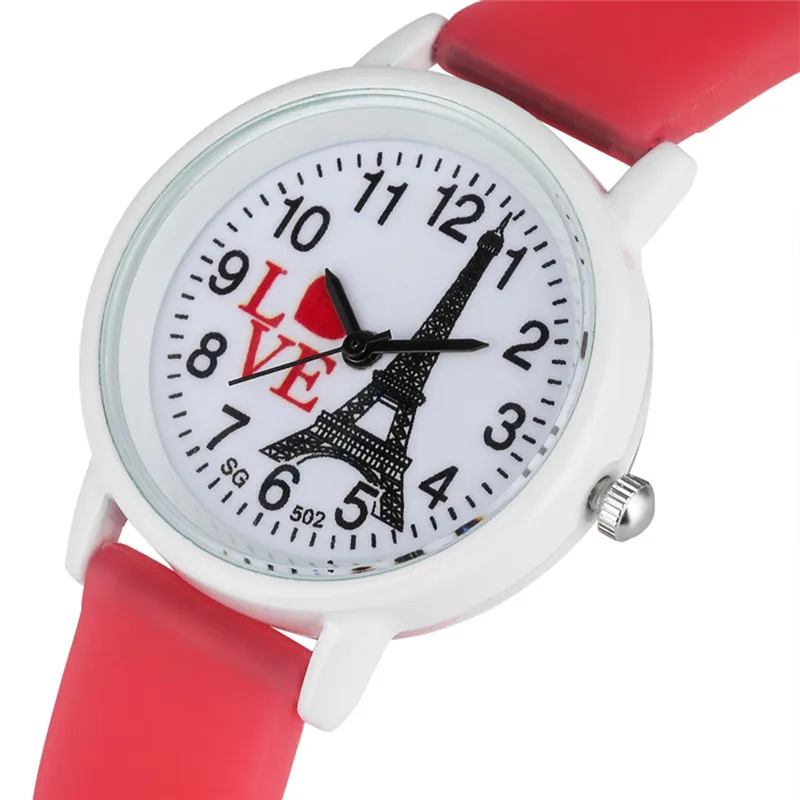 

Cute Candy Color Quartz Watch Movement for Child Exquisite Eiffel Tower Pattern Dial Watch Classic Silicone Strap Children Watch