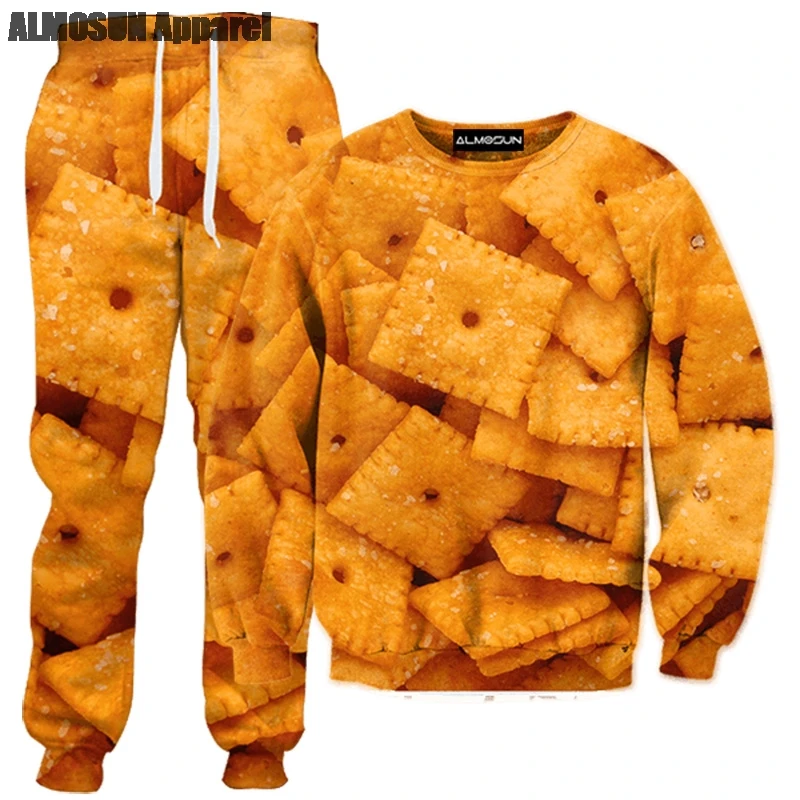 

ALMOSUN Cheez Its Biscuits 3D All Over Print Food Tracksuits Sweatshirts Hipster Casual Drawstring Casual Pants Women Men