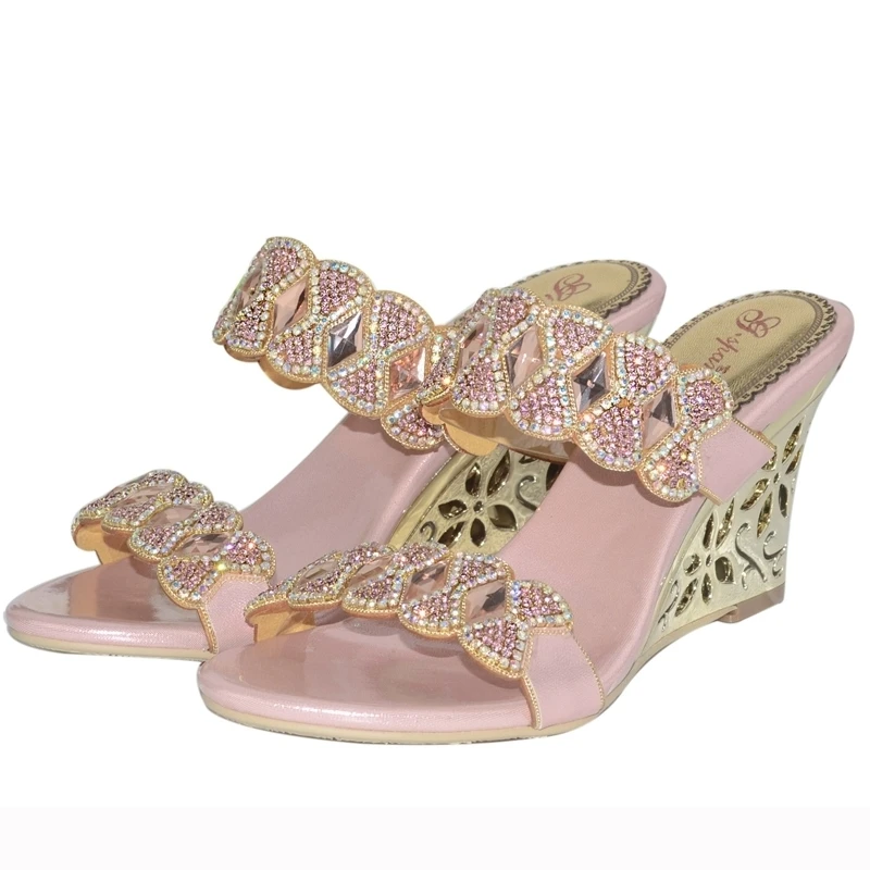 

2018 New Designed Wedge Slippers Pink Bowtie Rhinestone High Heel Sandals Sexy Nightclub Shoes Dressing Room Shoes Big Size 44