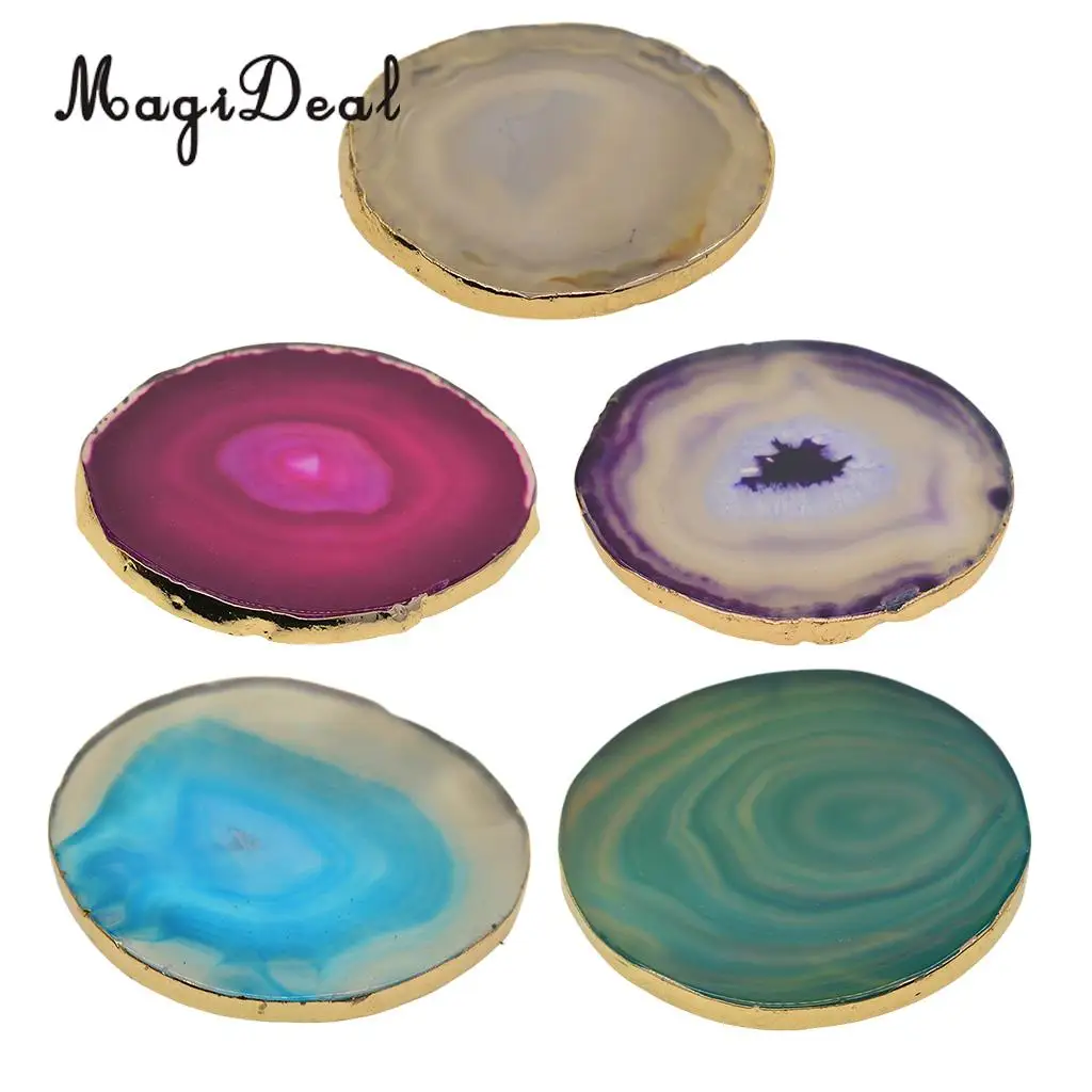 5 Colors Natural Agate Slices, Coasters, Cup Mats, Gold Edge, Crystals Geode Stones Home Decorations, 60-80mm