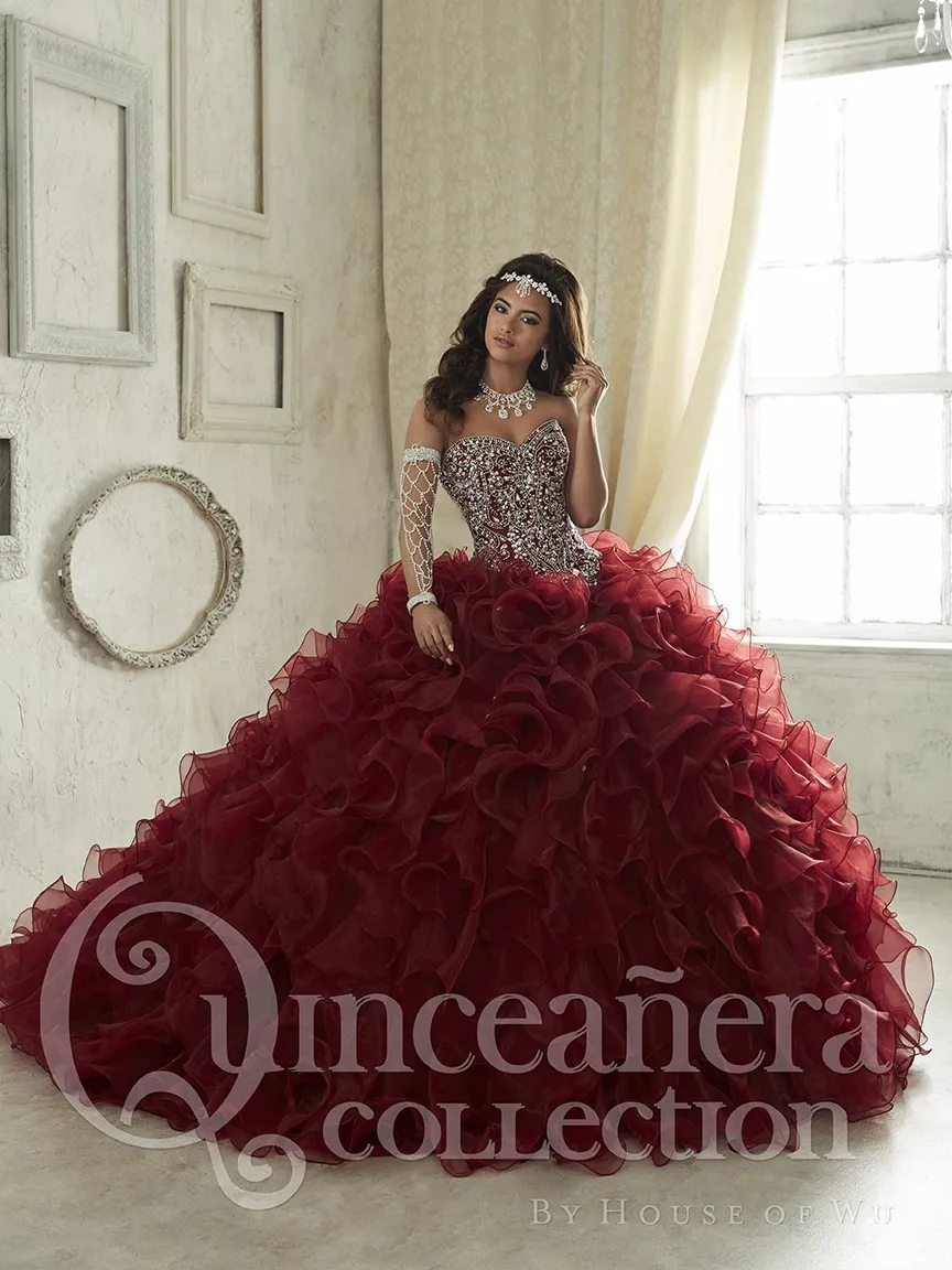 Бордовые платья Quinceanera бальное платье милые, кристалльные, бисером и оборками Сладкий 16 платье Vestidos De 15 Anos вечерние платья