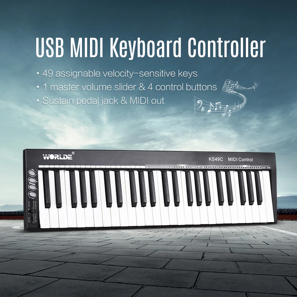 Высококачественный 50 клавишный USB MIDI контроллер WORLDE KS49C с 6 35 мм педальным