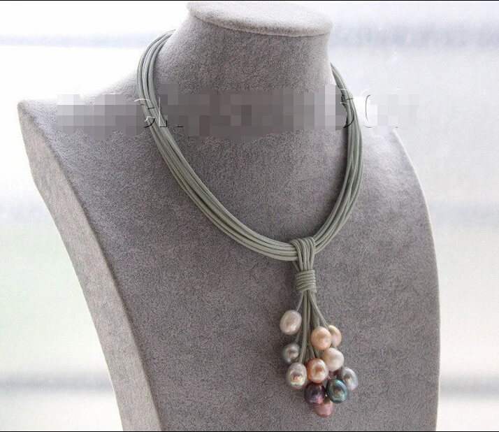

FREE shipping>>>14mm white gray black pink pearls gray leather necklace magnet clasp e2313 new