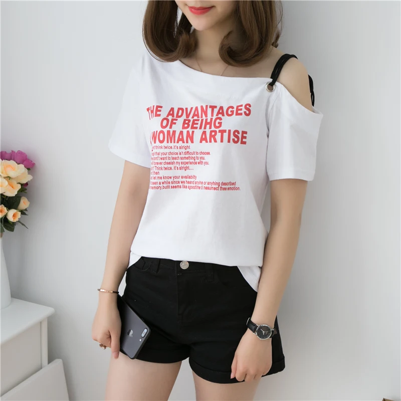 

2018 fashion letter printed female T shirt Korean sexy off shoulder summer T-shirts for women Harajuku student white yellow Top