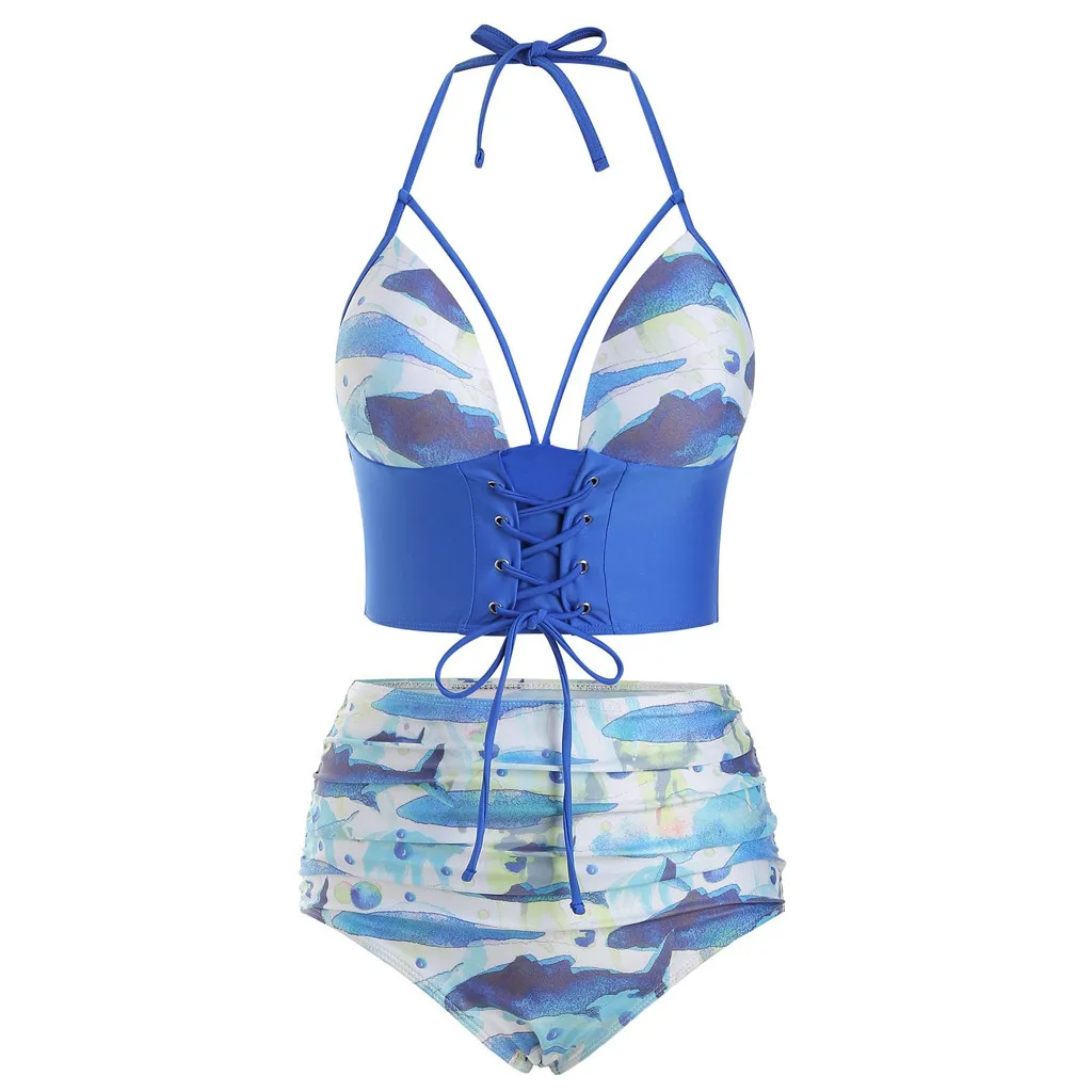 CHAMSGEND Women Bikini Hawaii Blue Hanging Neck Loose Add Fertilizer To