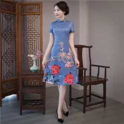 Китайский по колено платье Для женщин хлопок Cheongsam Размеры S-3XL